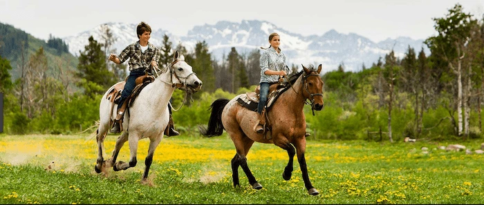 Confident plus-size woman riding Coatbridge a horse through a field with a smile on her face.